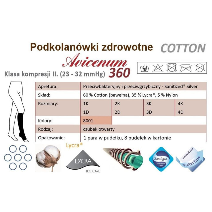 Aries Avicenum Phlebo 360 COTTON Podkolanówki II Klasa Otwarty Czubek